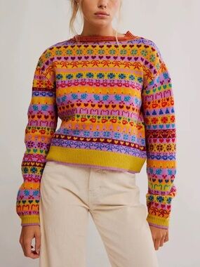 Free People Yellow Multicolor Fair Isle Scoopneck Sweater